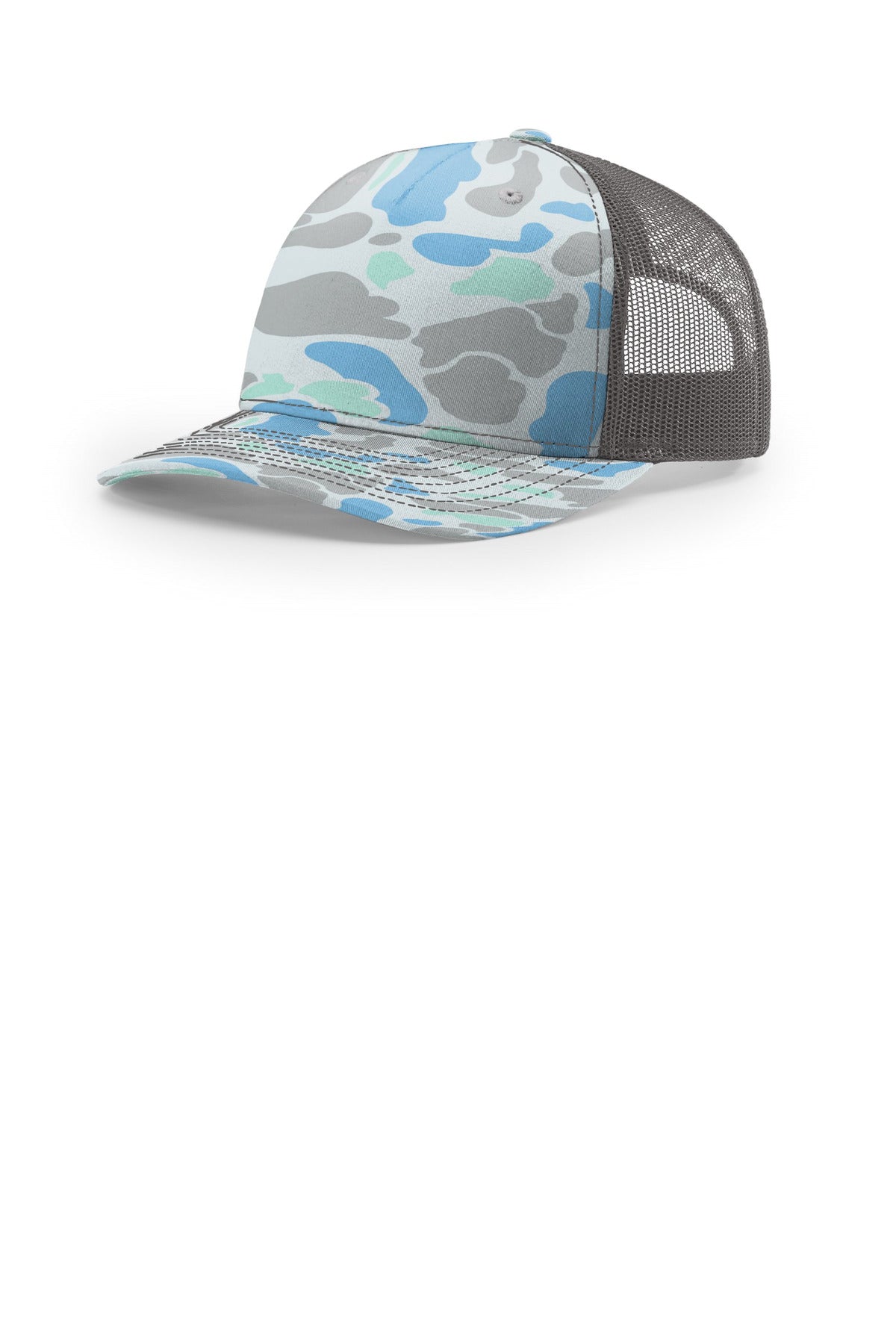Custom logo Richardson Printed Five-Panel Trucker 112PFP in Saltwater Duck Camo/ Charcoal