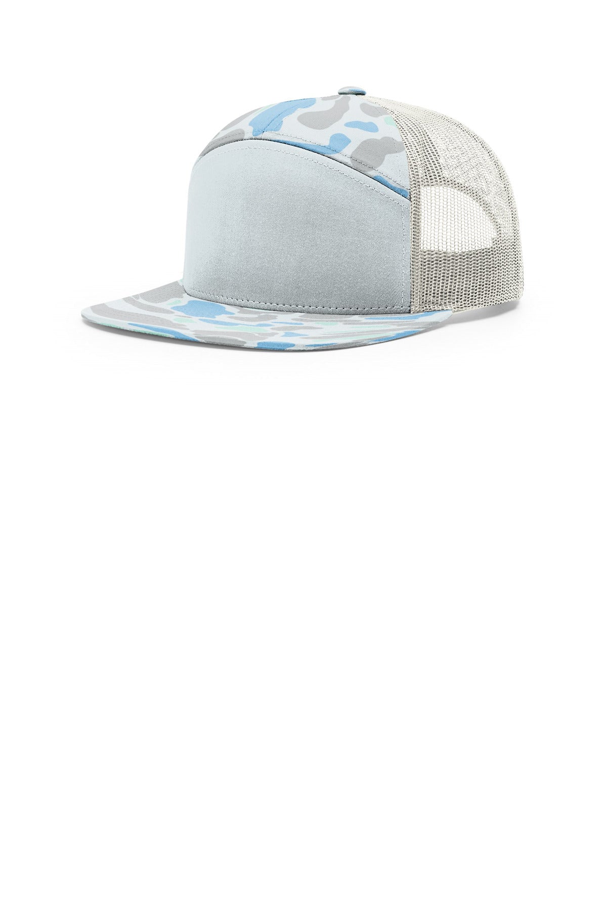 Custom logo Richardson Printed 7-Panel Trucker 168P in Saltwater Duck Camo/ Ice Grey