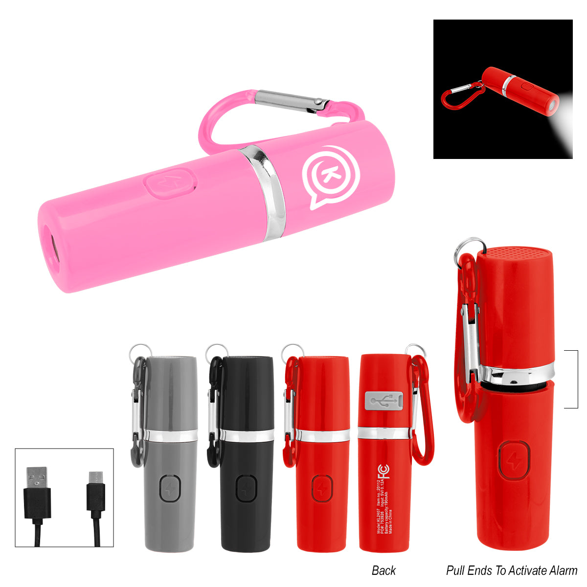 Custom logo Rechargeable Portable Alarm And Flashlight With Carabiner Attachment