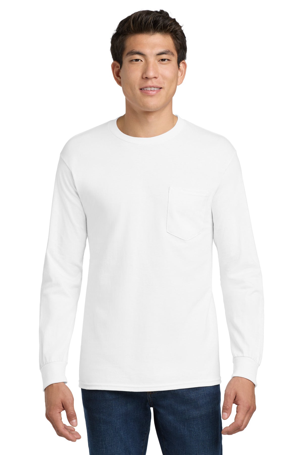 Custom logo Gildan® - Ultra Cotton® 100% US Cotton Long Sleeve T-Shirt with Pocket. 2410 in White
