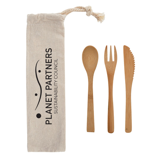 Custom logo 3 Piece Bamboo Utensil Set In Travel Pouch