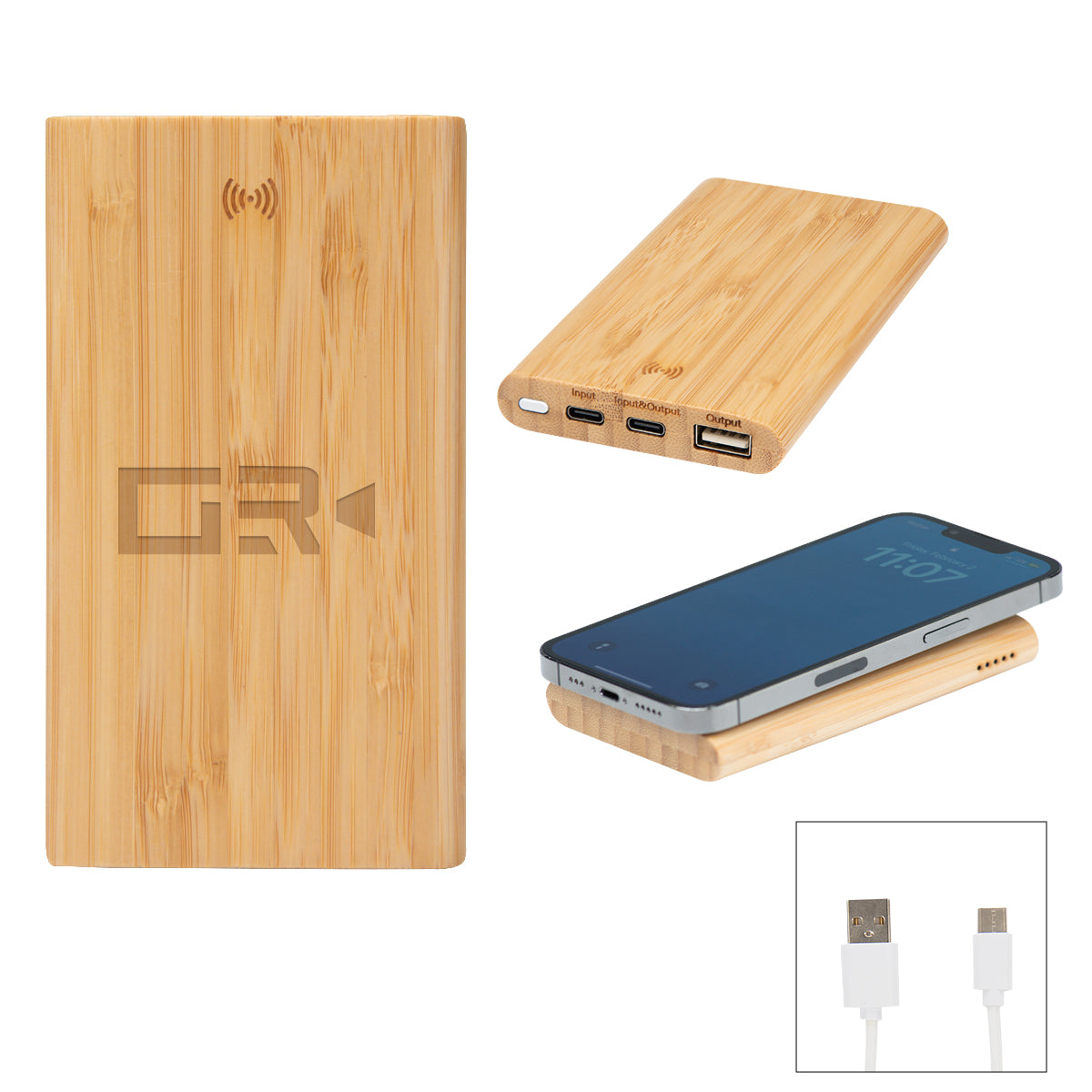 Custom logo 5,000 mAh Bamboo Power Bank & 10W Wireless Charger