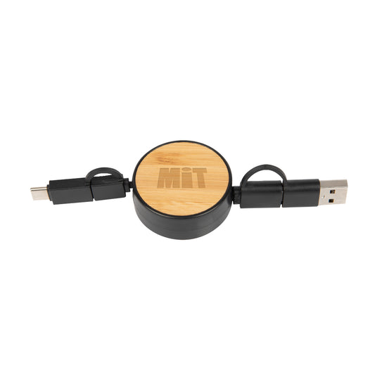 Custom logo Bamboo Retractable 3-In-1 Charging Cable