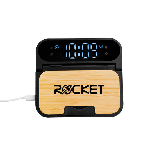 Custom logo 15W Bamboo Folding Charger With Digital Clock