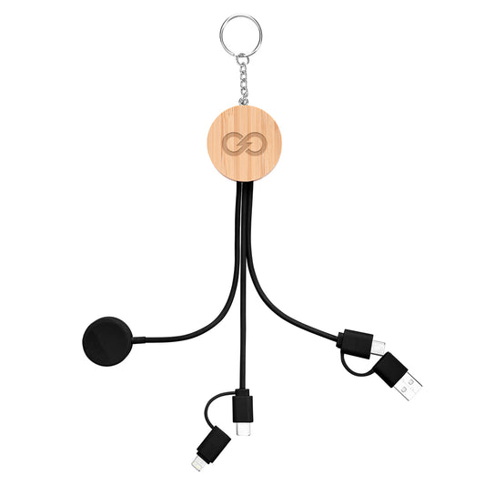 Custom logo 10W Bamboo Multi-Charging Cables Keyring With Watch Dock