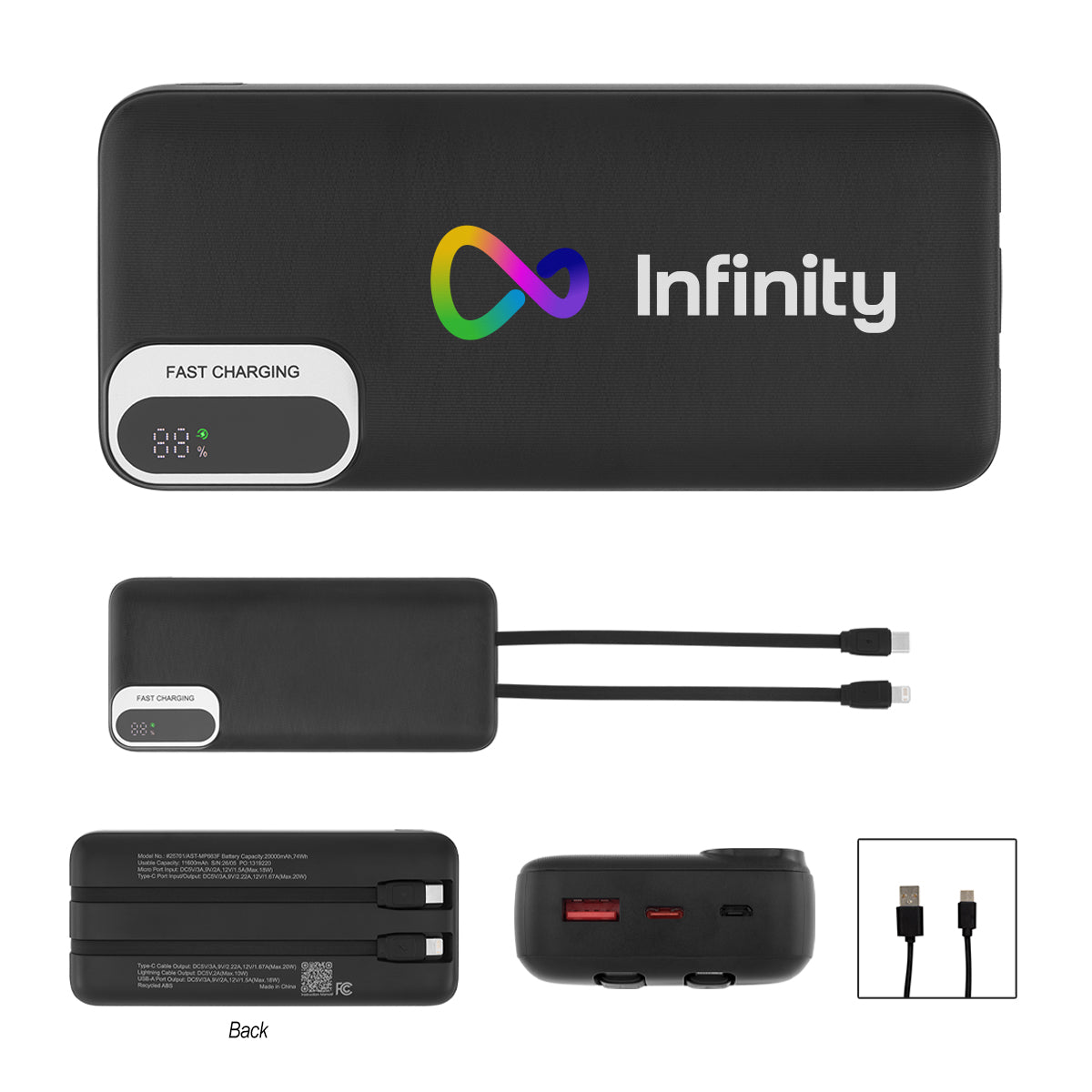 Custom logo 20,000 mAh rABS Power Bank With Built-In Cables