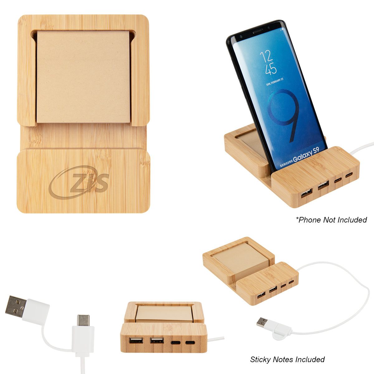 Custom logo Bamboo Multi-Port Hub With Phone Holder & Sticky Notes