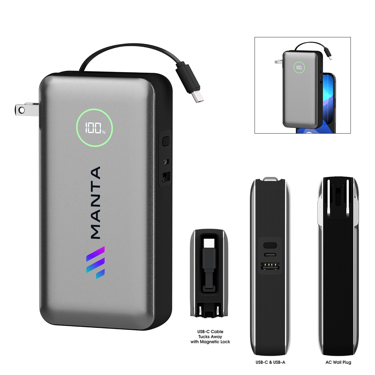 Custom logo 20,000 mAh PhoneSuit® Journey AC All-In-One Portable Battery Pack & Wall Adapter