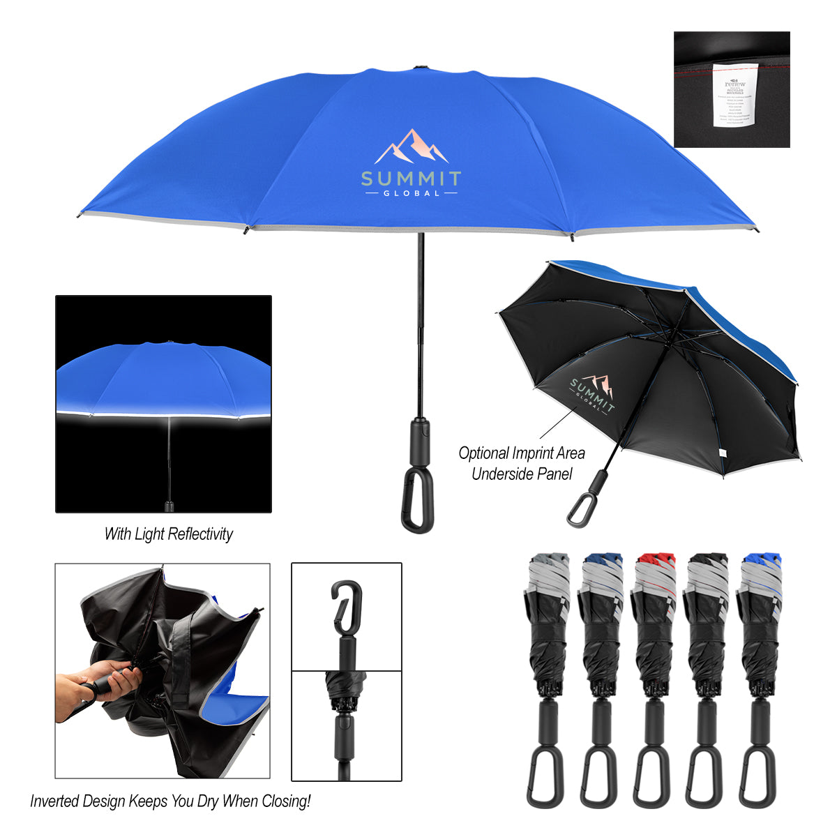Custom logo 46" Arc Telescopic Inversion Umbrella With Carabiner Handle And 100% rPET Canopy