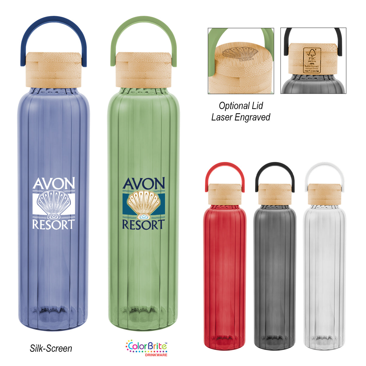 Custom logo 20 Oz. Ribbed Borosilicate Glass Bottle With Bamboo Lid