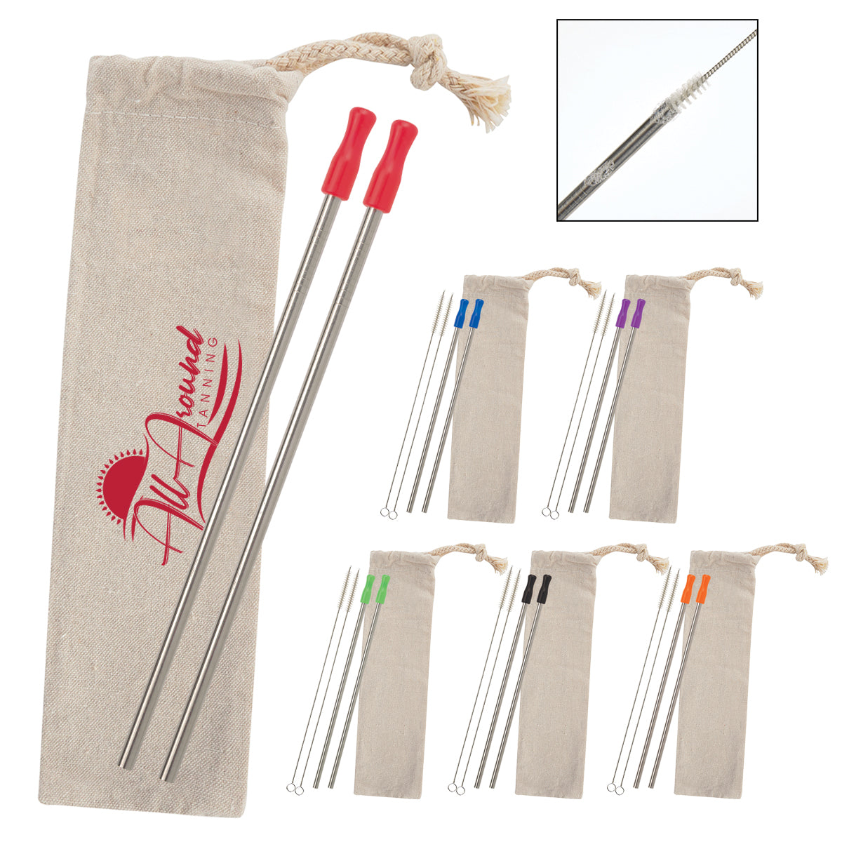 Custom logo 2-Pack Stainless Straw Kit with Cotton Pouch