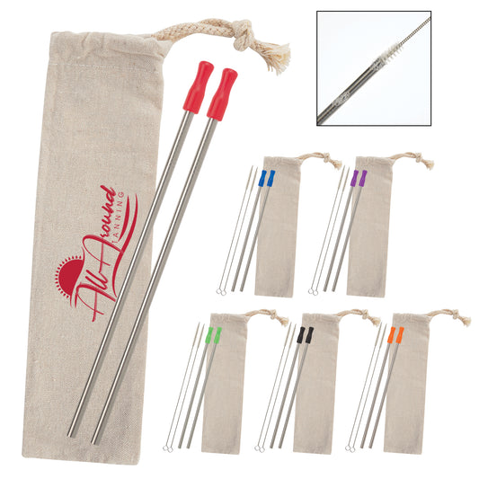 Custom logo 2-Pack Stainless Straw Kit with Cotton Pouch