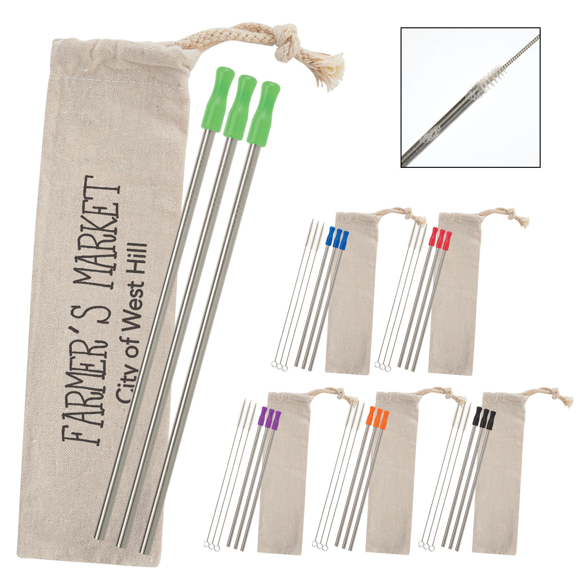 Custom logo 3-Pack Stainless Straw Kit with Cotton Pouch