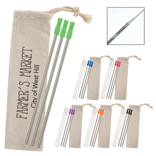 Custom logo 3-Pack Stainless Straw Kit with Cotton Pouch