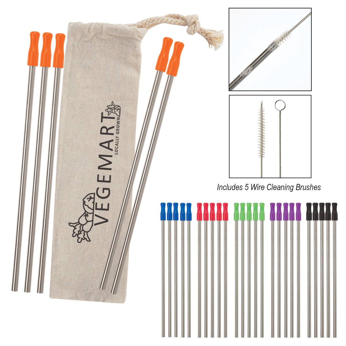 Custom logo 5-Pack Stainless Straw Kit with Cotton Pouch