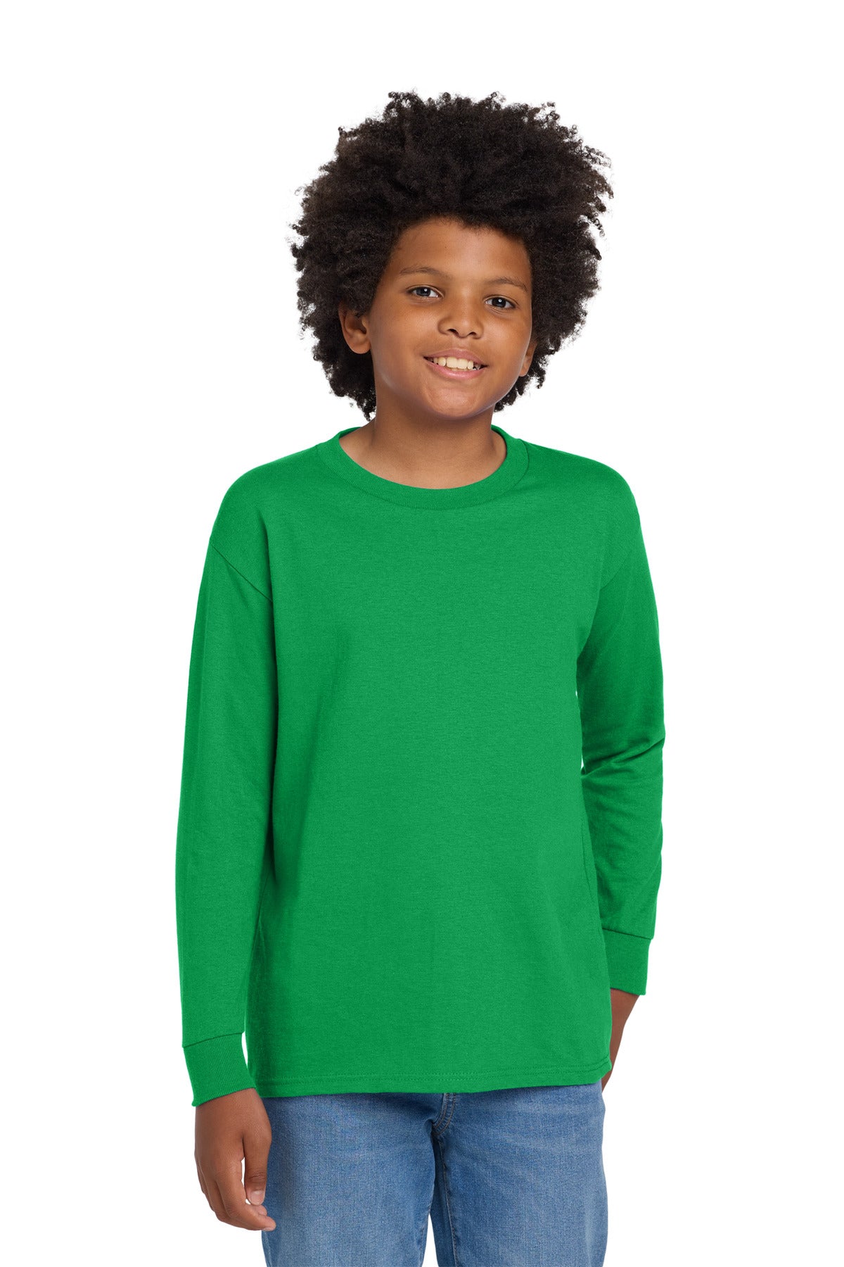 Custom logo Gildan® Youth Heavy Cotton™ 100% Cotton Long Sleeve T-Shirt. 5400B in Irish Green
