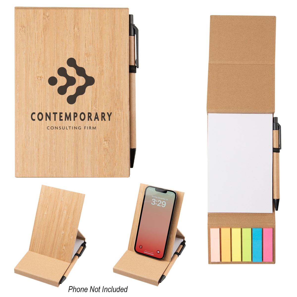 Custom logo Bamboo Desk Jotter With Phone Stand