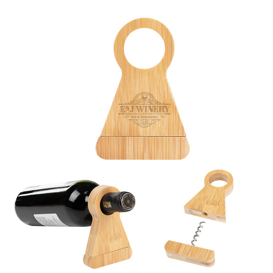 Custom logo Bamboo Wine Bottle Stand With Corkscrew