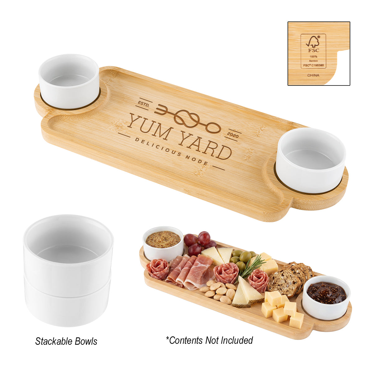Custom logo Bamboo Serving Tray With Porcelain Bowls