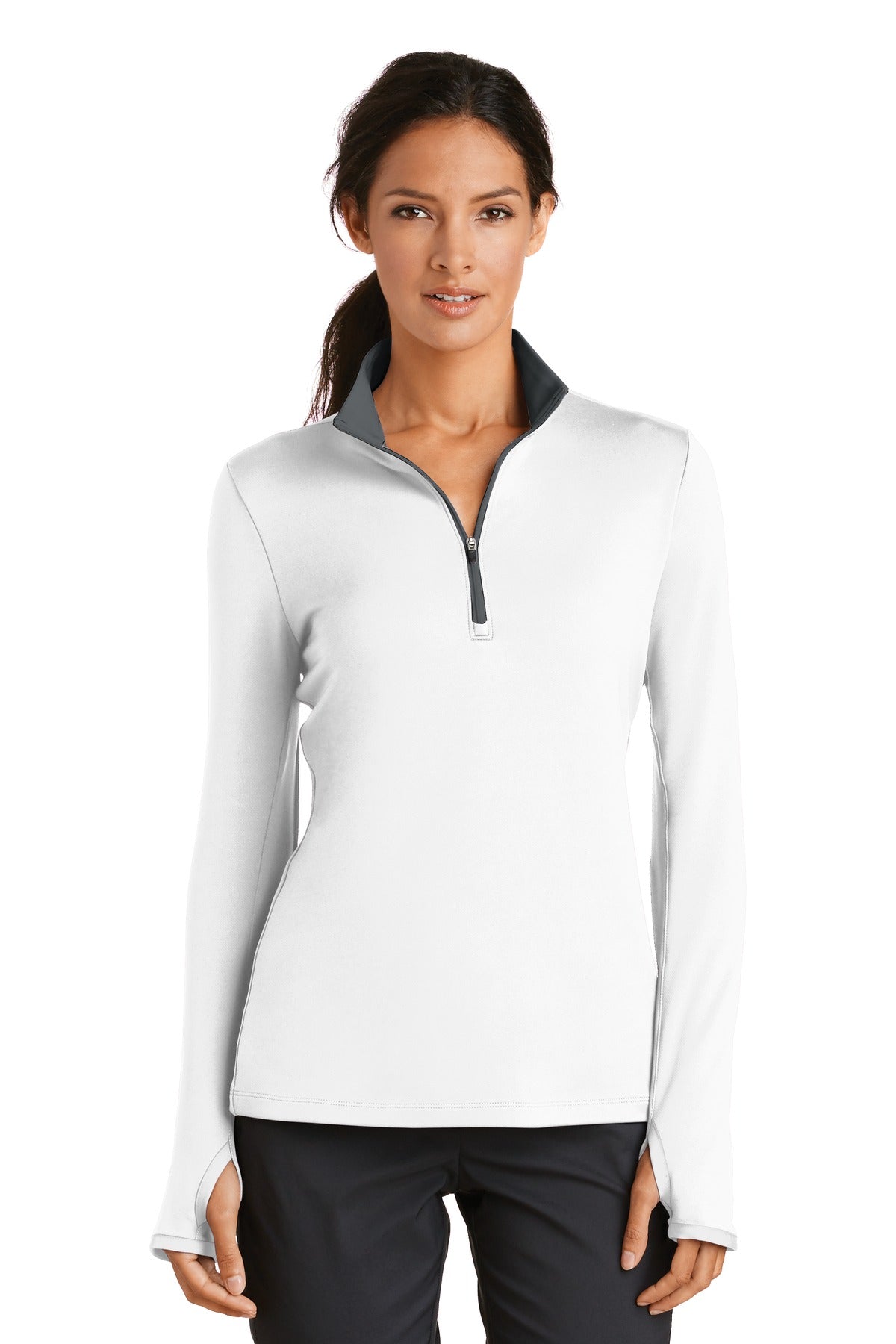 Custom logo Nike Women's Dri-FIT Stretch 1/2-Zip Cover-Up. 779796 in White/ Dark Grey