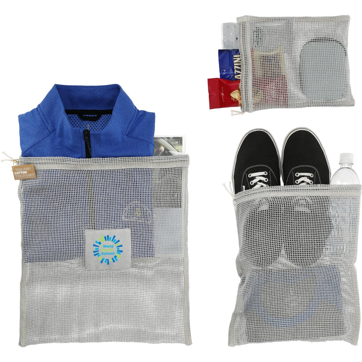 Custom logo Recycled Cotton Mesh Cinch Pouch Set