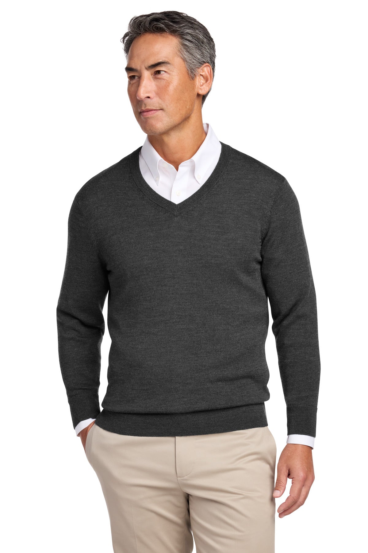Custom logo Brooks Brothers® Washable Merino V-Neck Sweater BB18410 in Windsor Grey Heather