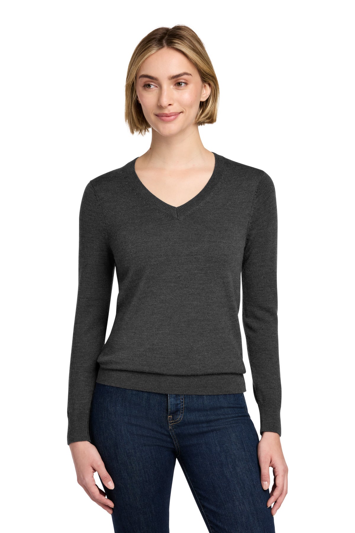 Custom logo Brooks Brothers® Women's Washable Merino V-Neck Sweater BB18411 in Windsor Grey Heather