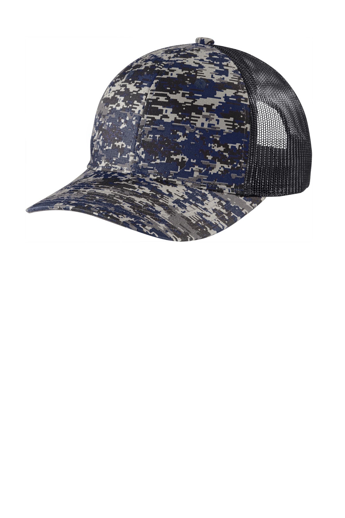 Custom logo Port Authority ® Digi Camo Snapback Trucker Cap C404 in Rich Navy Digi/ Grey Steel