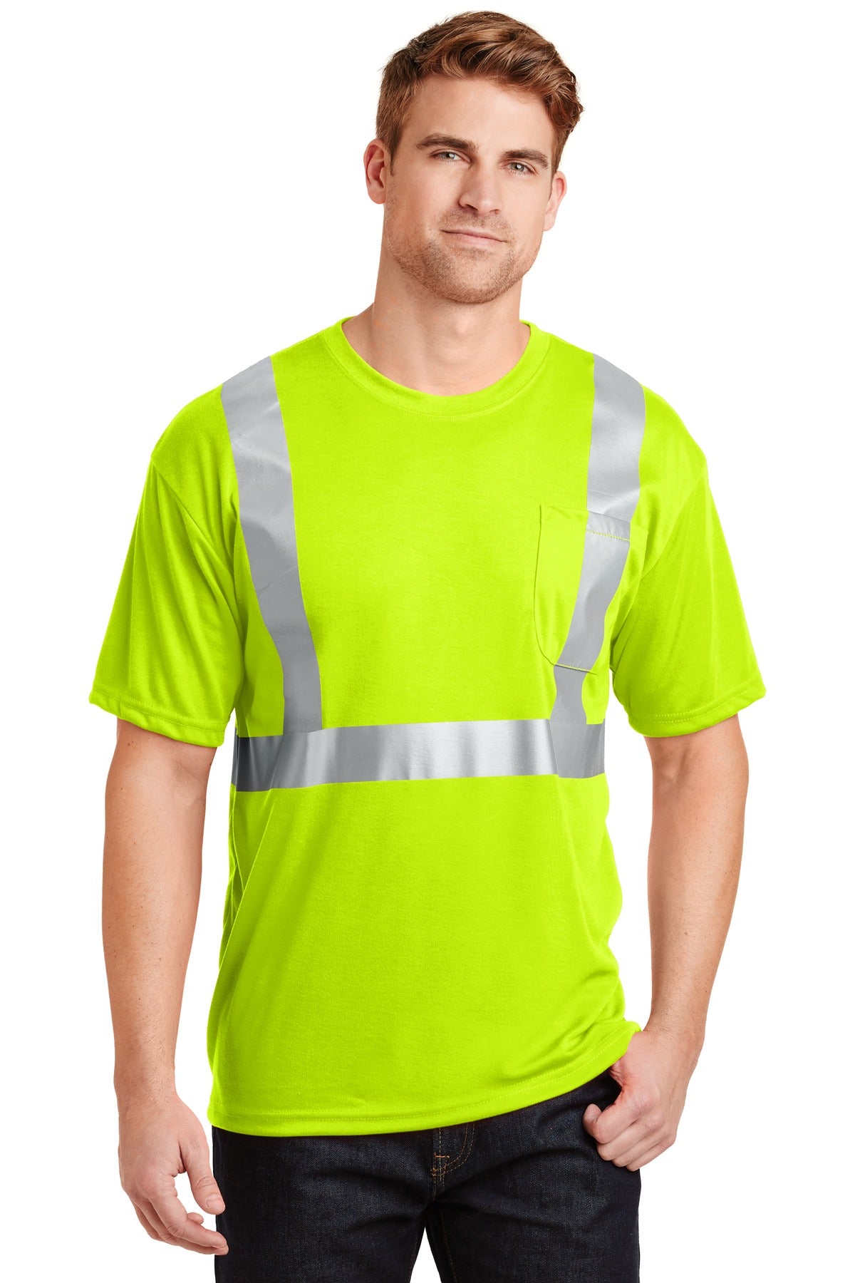 Custom logo CornerStone® - ANSI 107 Class 2 Safety T-Shirt. CS401 in Safety Yellow/ Reflective