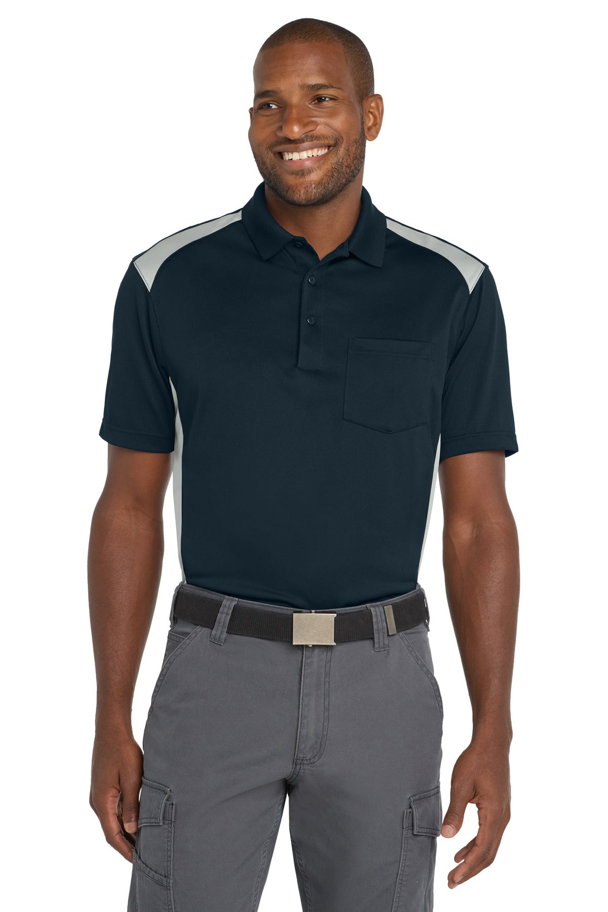Custom logo CornerStone® Select Snag-Proof Two Way Colorblock Pocket Polo. CS416 in Dark Navy/ Light Grey