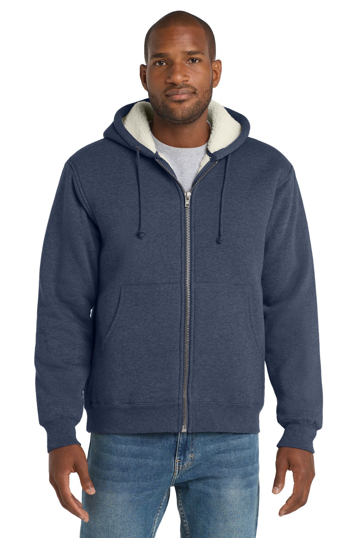 Custom logo CornerStone® Heavyweight Sherpa-Lined Hooded Fleece Jacket. CS625 in Navy