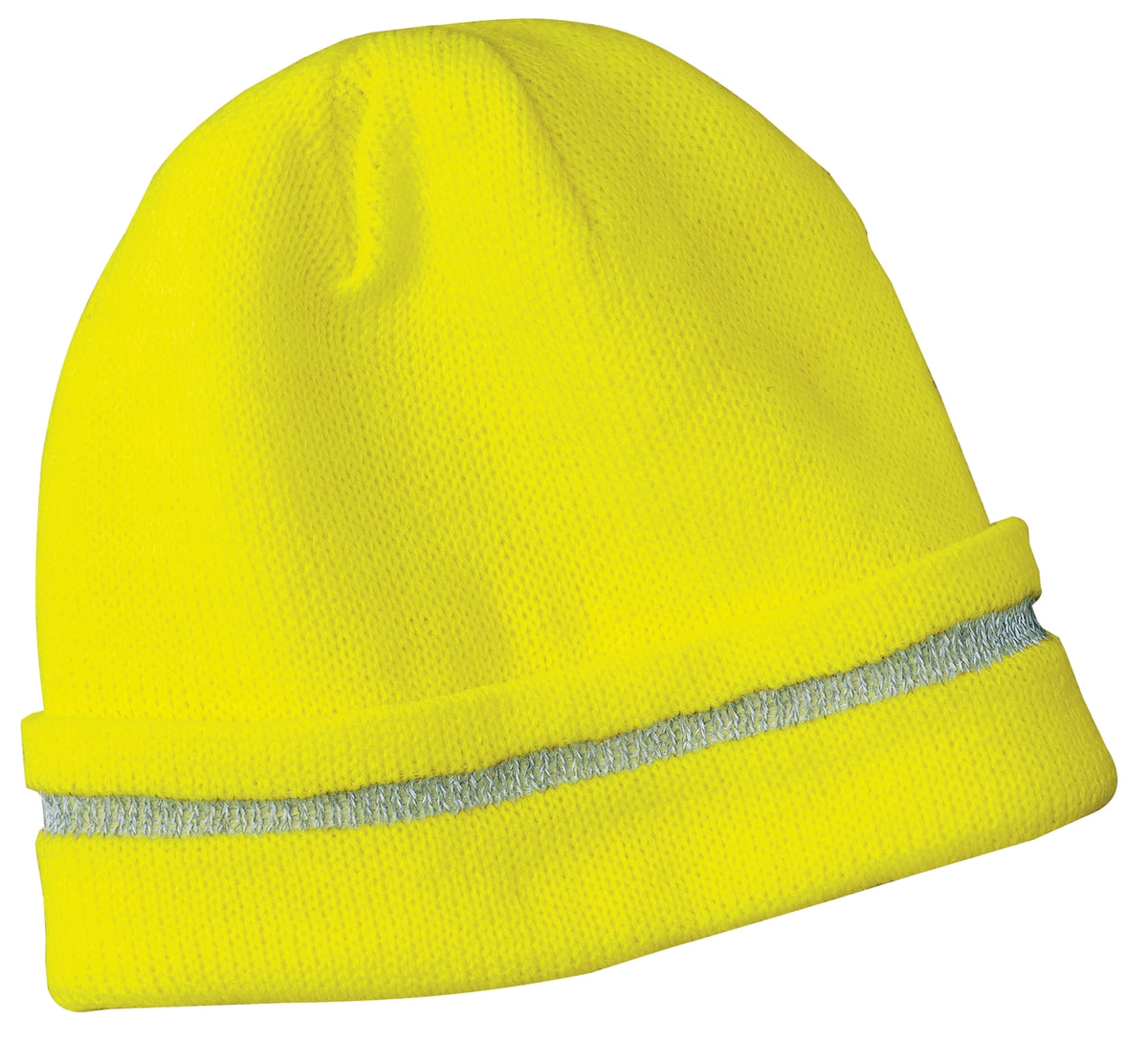 Custom logo CornerStone® - Enhanced Visibility Beanie with Reflective Stripe. CS800 in Safety Yellow/ Reflective