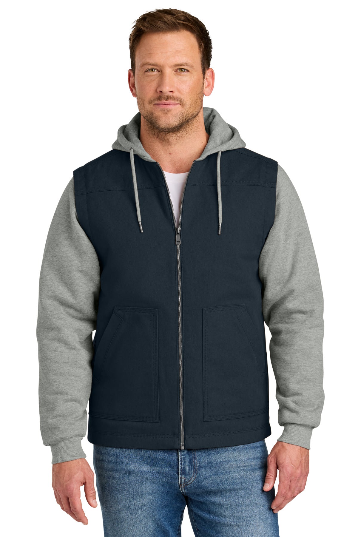Custom logo CornerStone® Duck Fleece Full-Zip Hooded Jacket CSJ42 in Navy/ Heather Grey