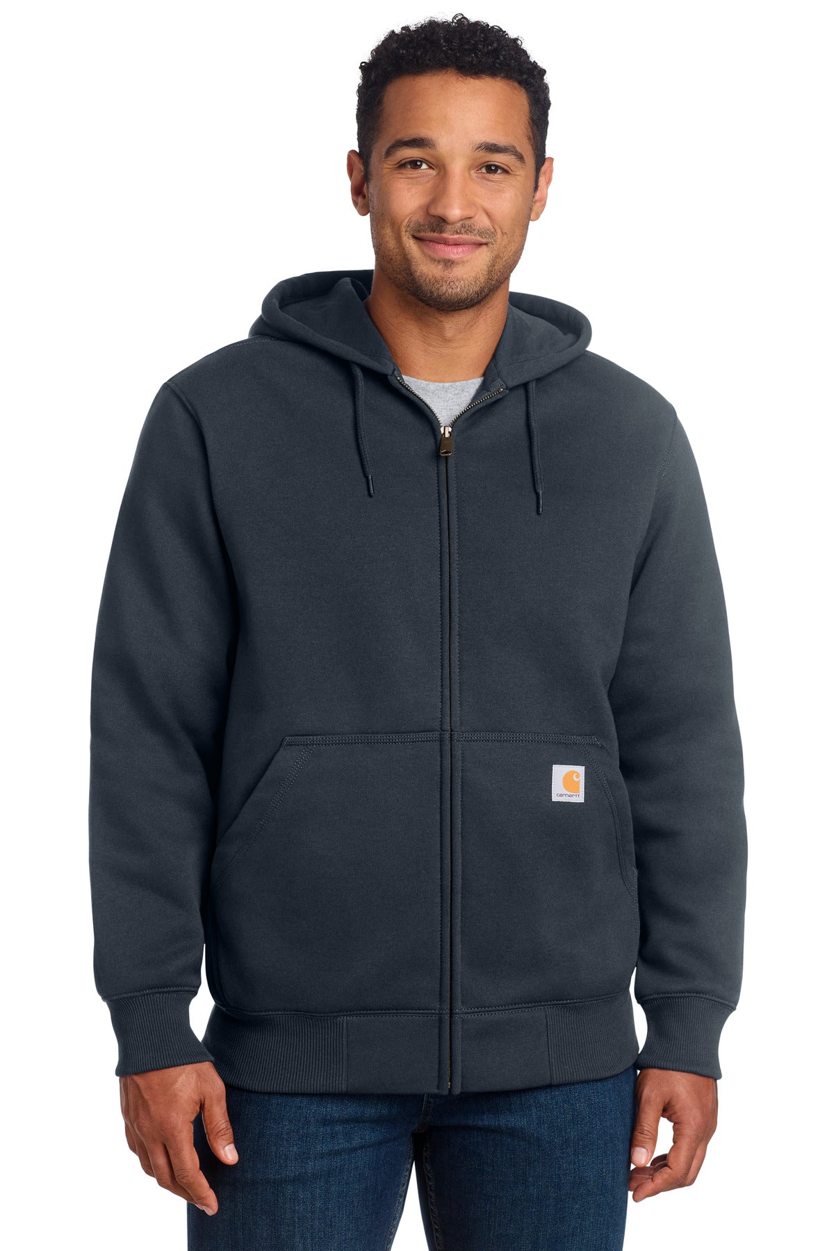 Custom logo Carhartt ® Rain Defender ® Paxton Heavyweight Hooded Zip-Front Sweatshirt. CT100614 in New Navy