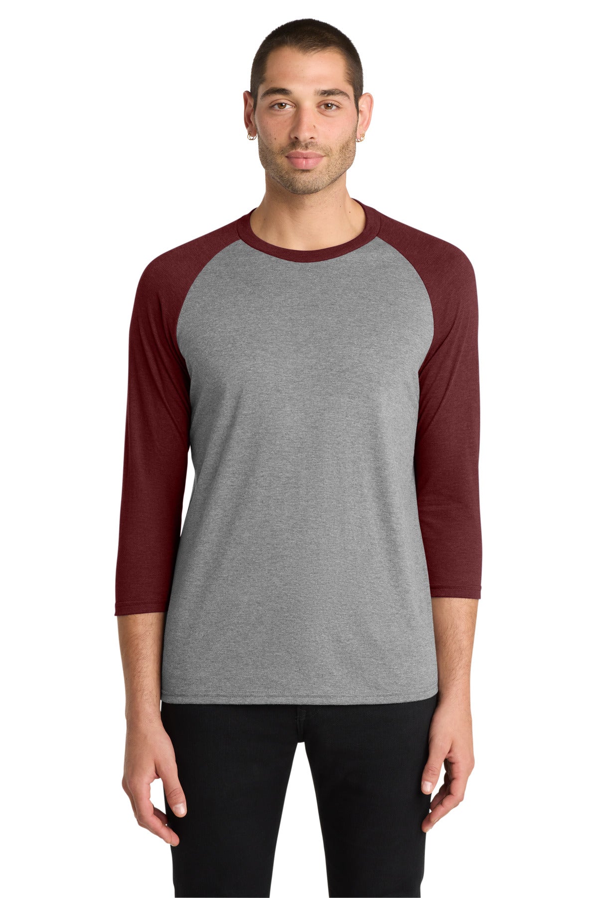 Custom logo District ® Perfect Tri® 3/4-Sleeve Raglan. DM136 in Maroon Frost/ Grey Frost