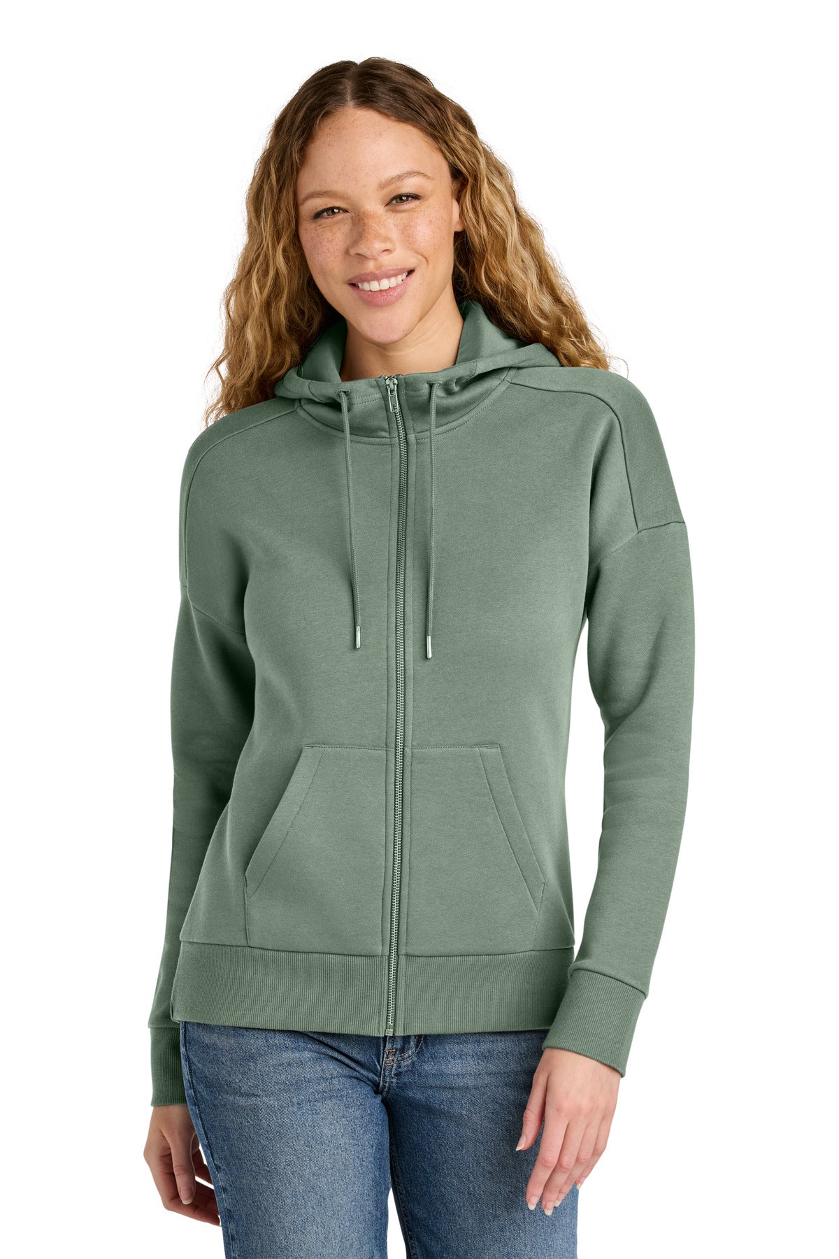 Custom logo District ® Women's Perfect Weight ® Fleece Drop Shoulder Full-Zip Hoodie DT1104 in Laurel Green