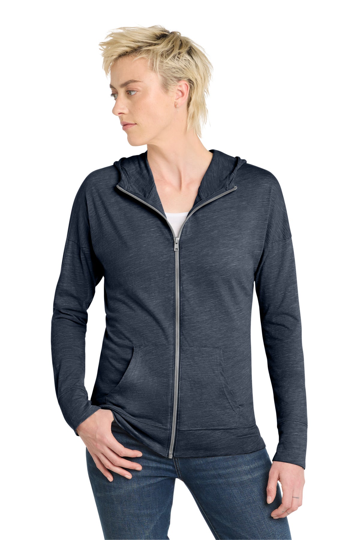 Custom logo District ® Women's Medal Full-Zip Hoodie. DT665 in New Navy