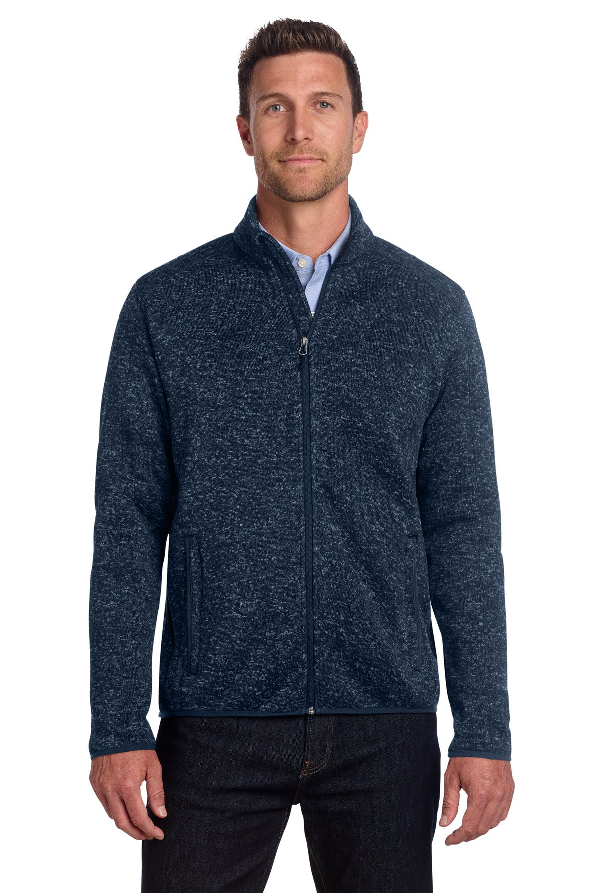 Custom logo Port Authority® Sweater Fleece Jacket. F232 in River Blue Navy Heather