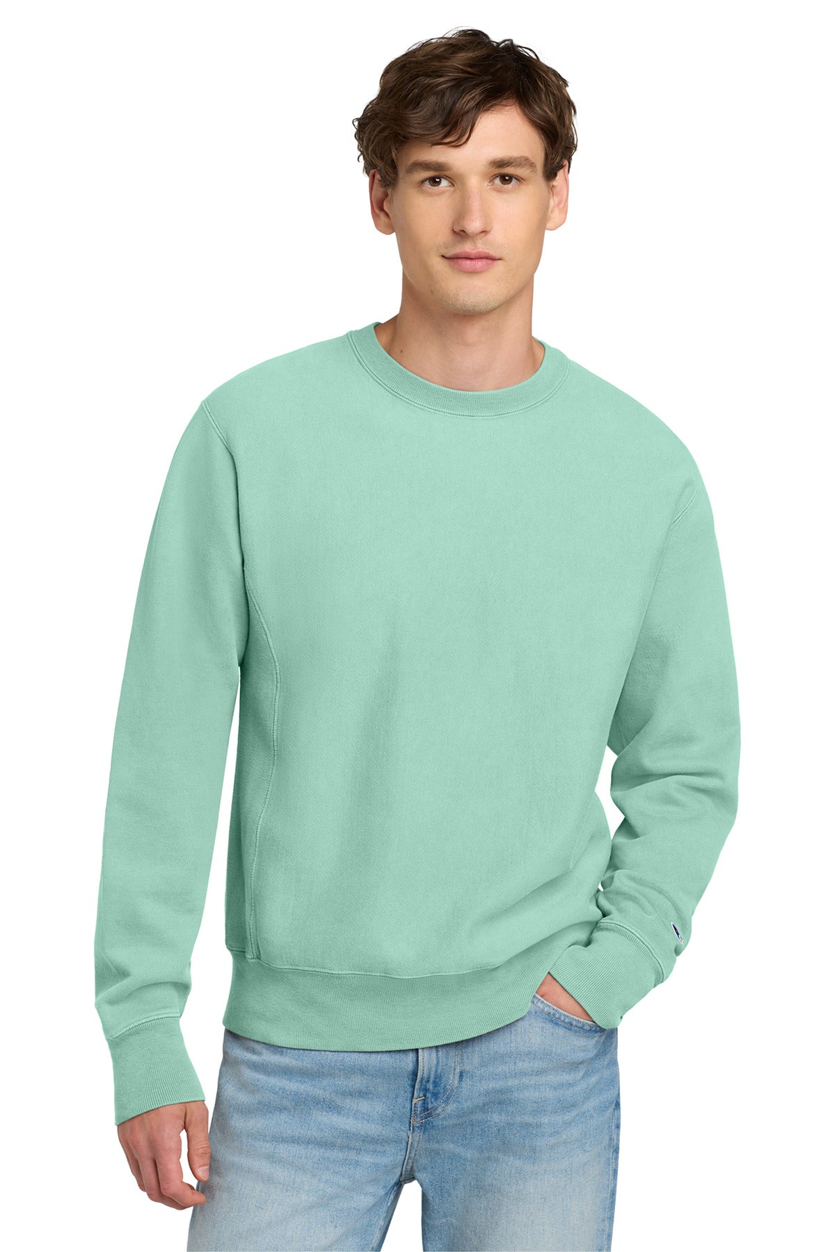 Custom logo Champion ® Reverse Weave ® Garment-Dyed Crewneck Sweatshirt. GDS149 in Pale Seafoam