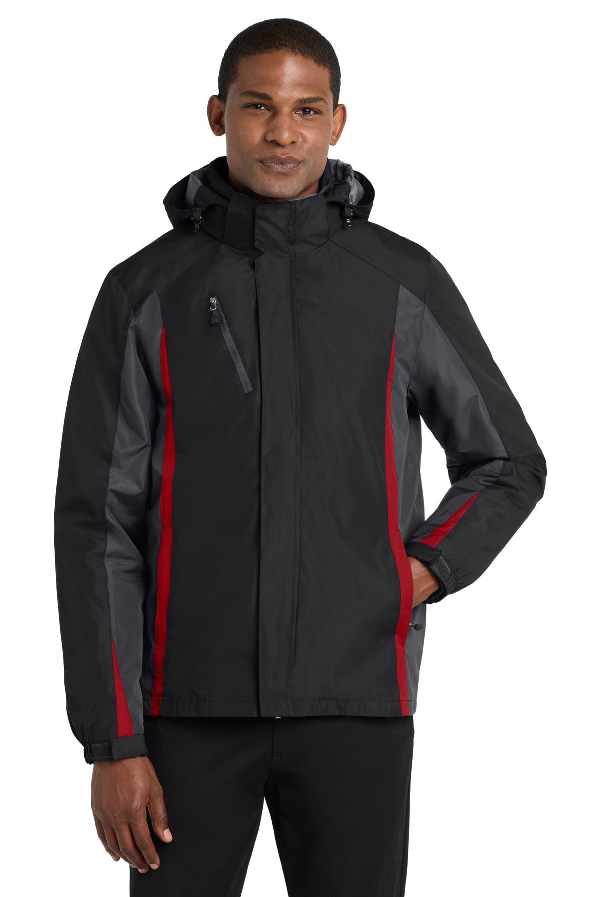 Custom logo Port Authority® Colorblock 3-in-1 Jacket. J321 in Black/ Magnet/ Signal Red