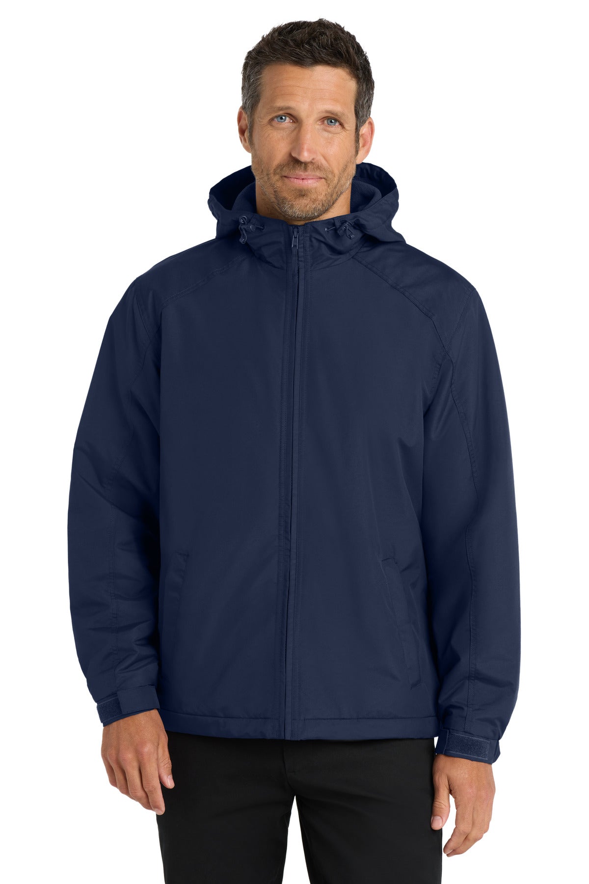 Custom logo Port Authority® Hooded Charger Jacket. J327 in True Navy
