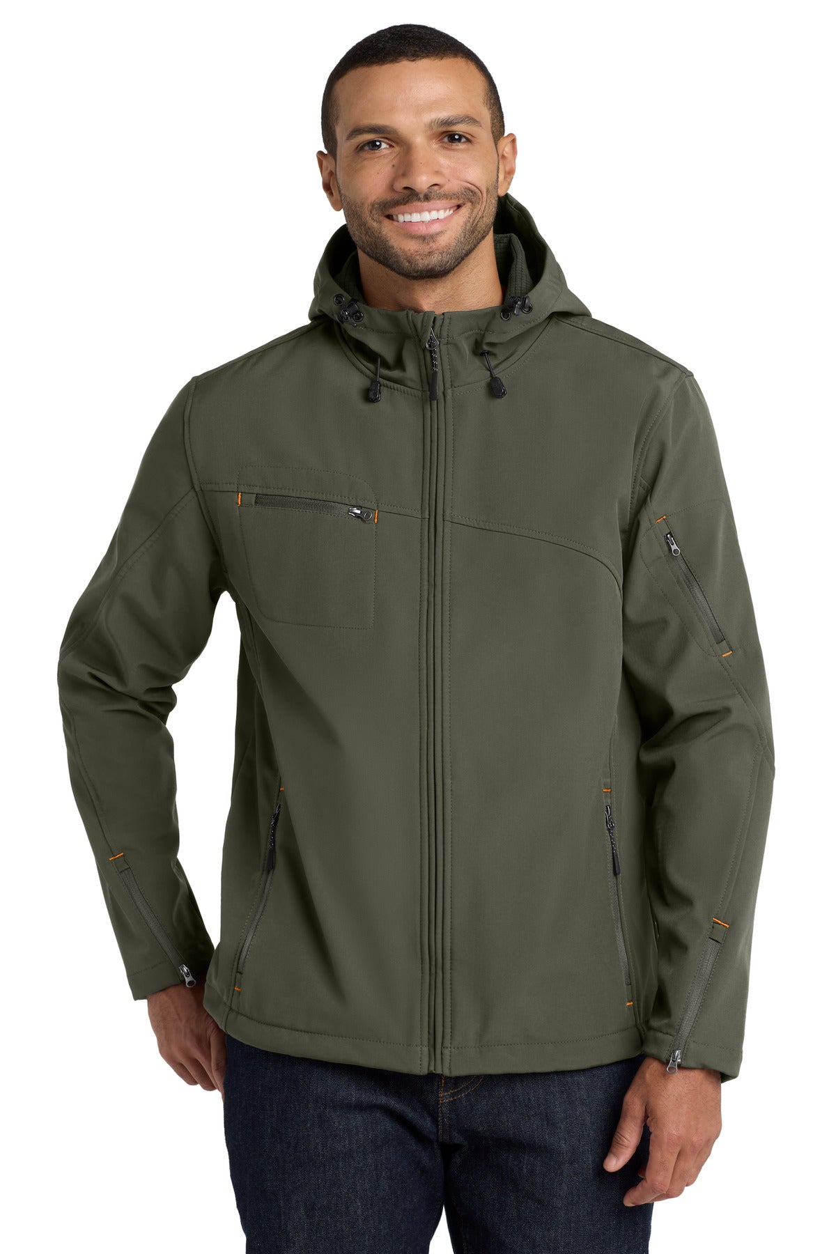 Custom logo Port Authority® Textured Hooded Soft Shell Jacket. J706 in Mineral Green