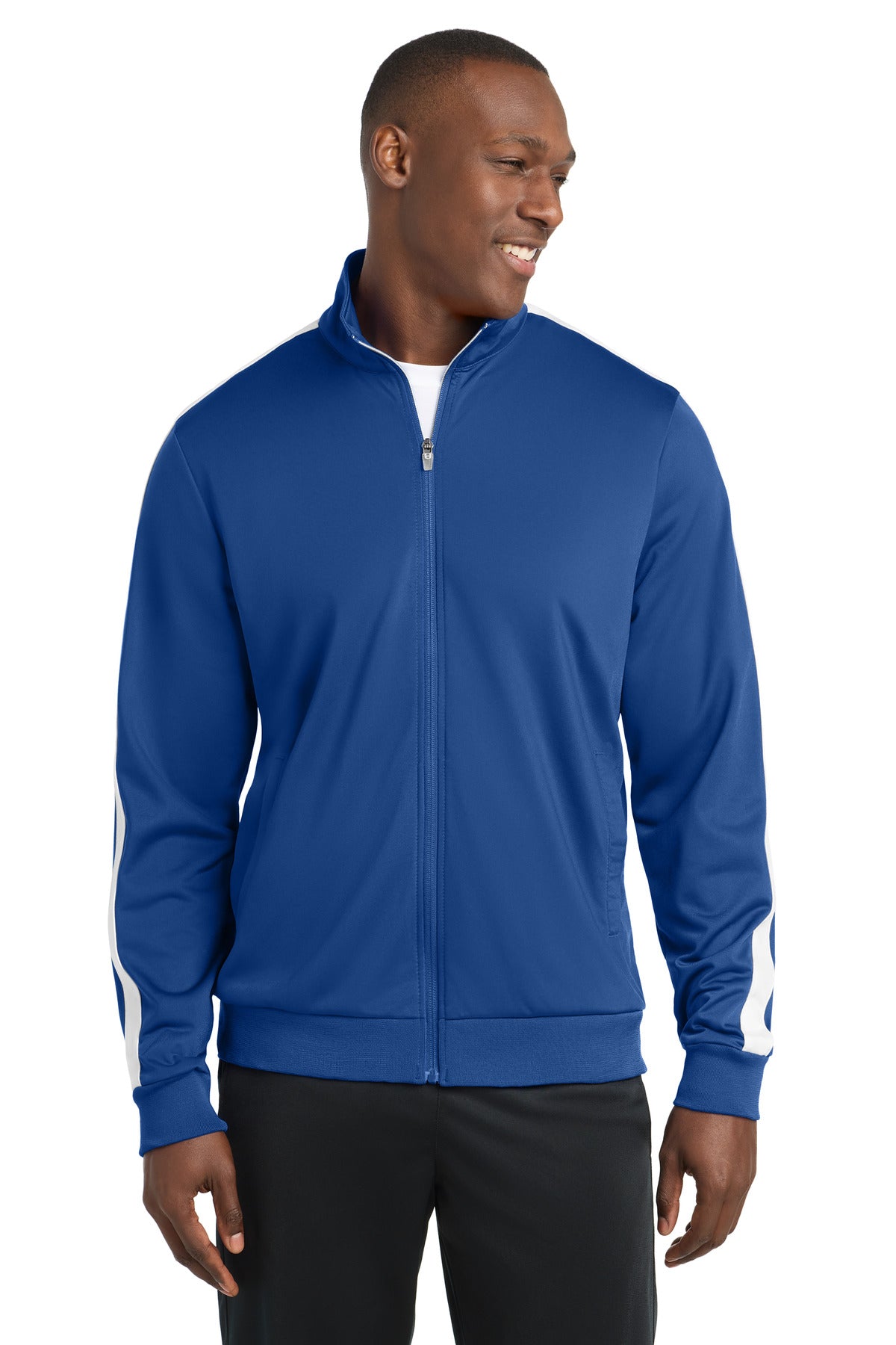 Custom logo Sport-Tek ® Tricot Sleeve Stripe Track Jacket. JST94 in True Royal/ White
