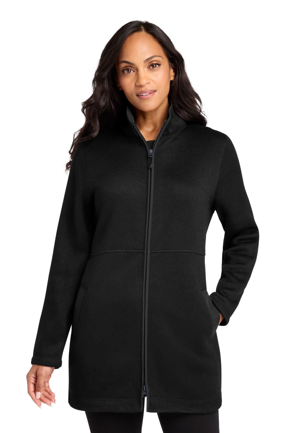 Custom logo Port Authority® Women's Arc Sweater Fleece Long Jacket L425 in Deep Black