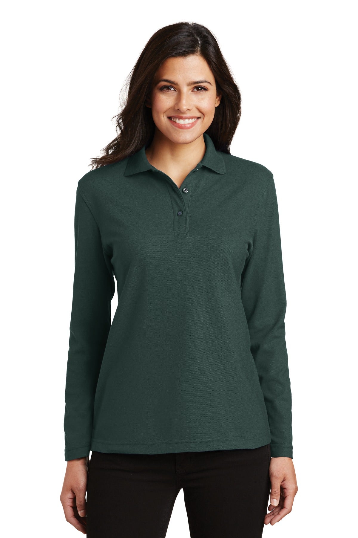 Custom logo Port Authority® Women's Silk Touch™ Long Sleeve Polo. L500LS in Dark Green