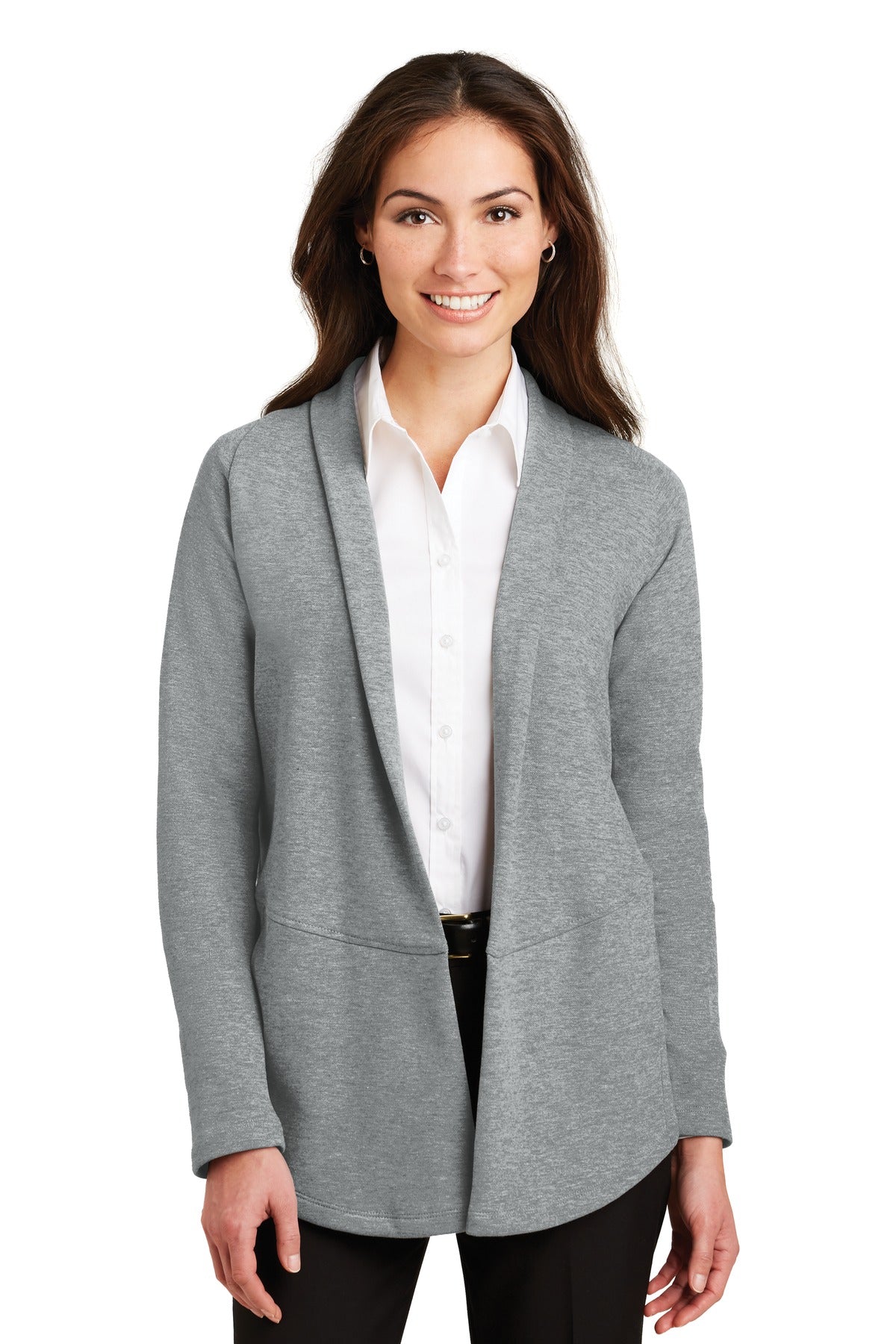 Custom logo Port Authority® Women's Interlock Cardigan. L807 in Medium Heather Grey/ Charcoal Heather
