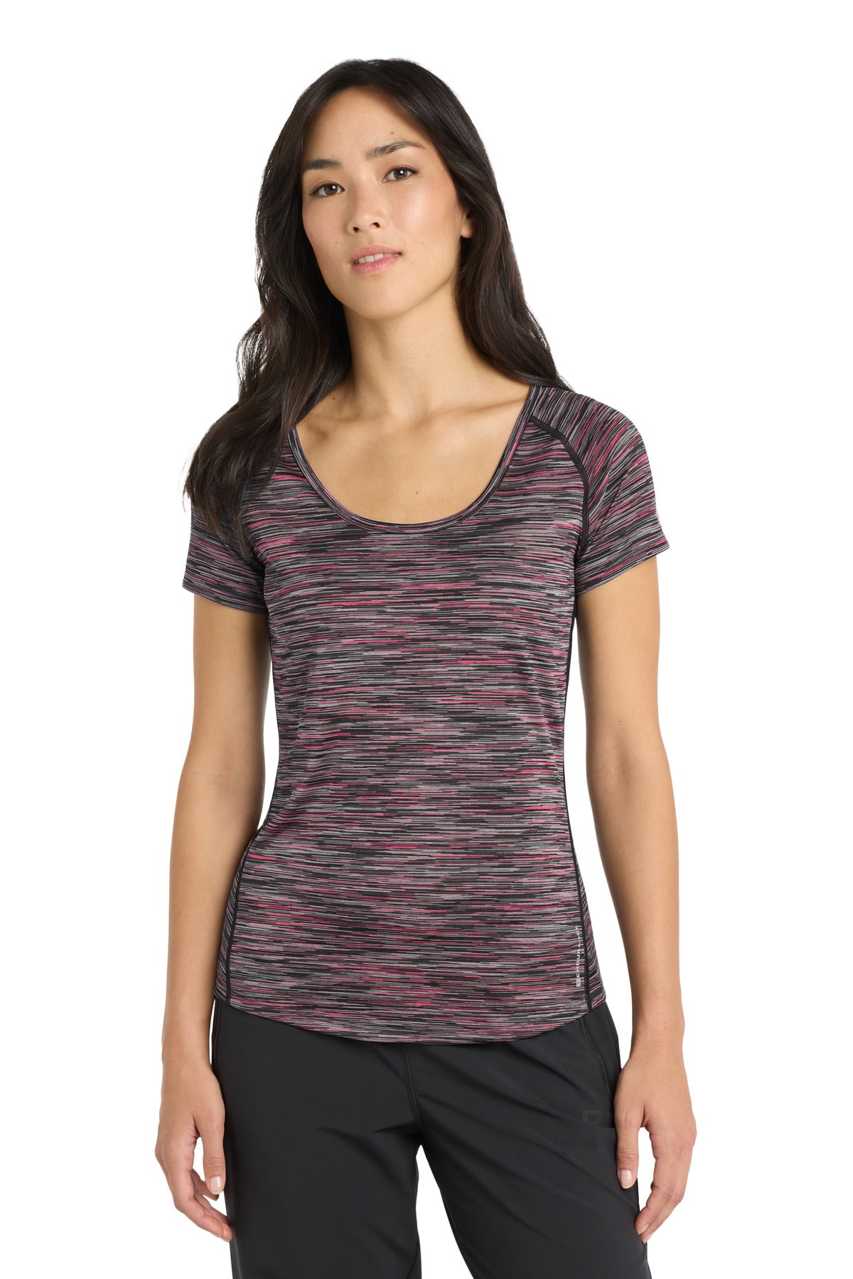 Custom logo OGIO ® Women's Verge Scoop Neck. LOE326 in Fierce Coral Space Dye