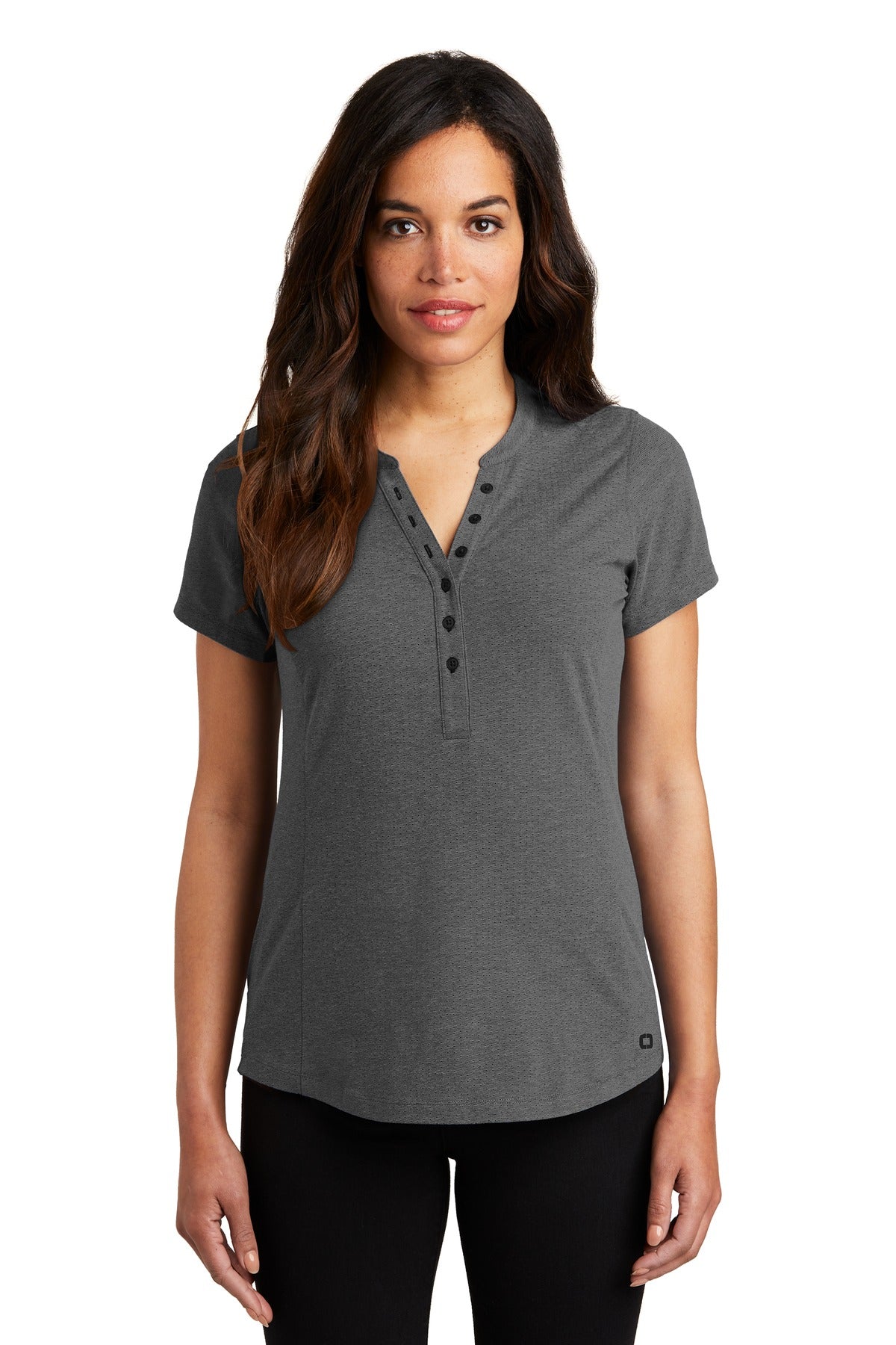 Custom logo OGIO ® Women's Tread Henley. LOG136 in Blacktop Heather