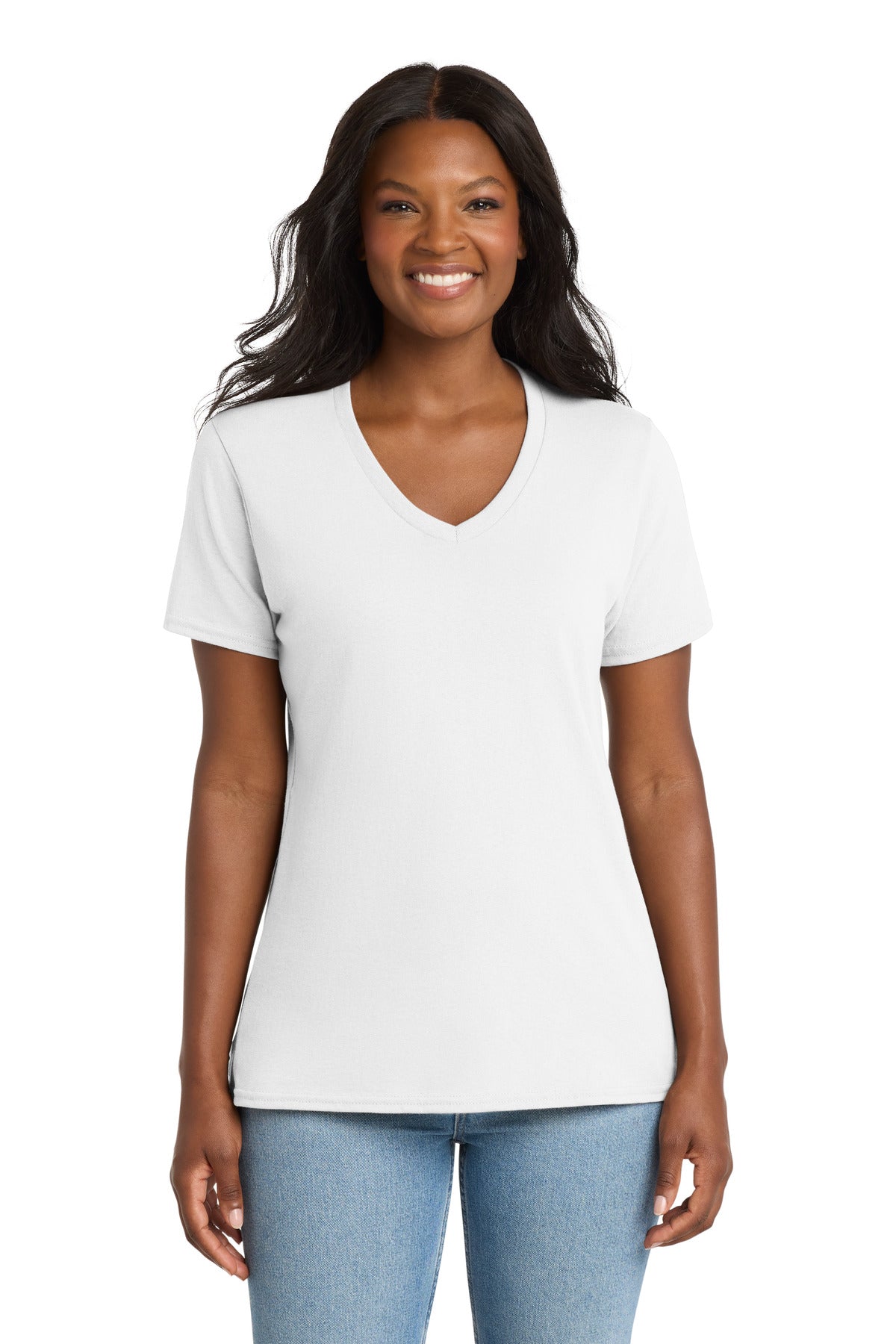Custom logo Port & Co® Women's Core Cotton V-Neck Tee. LPC54V in White