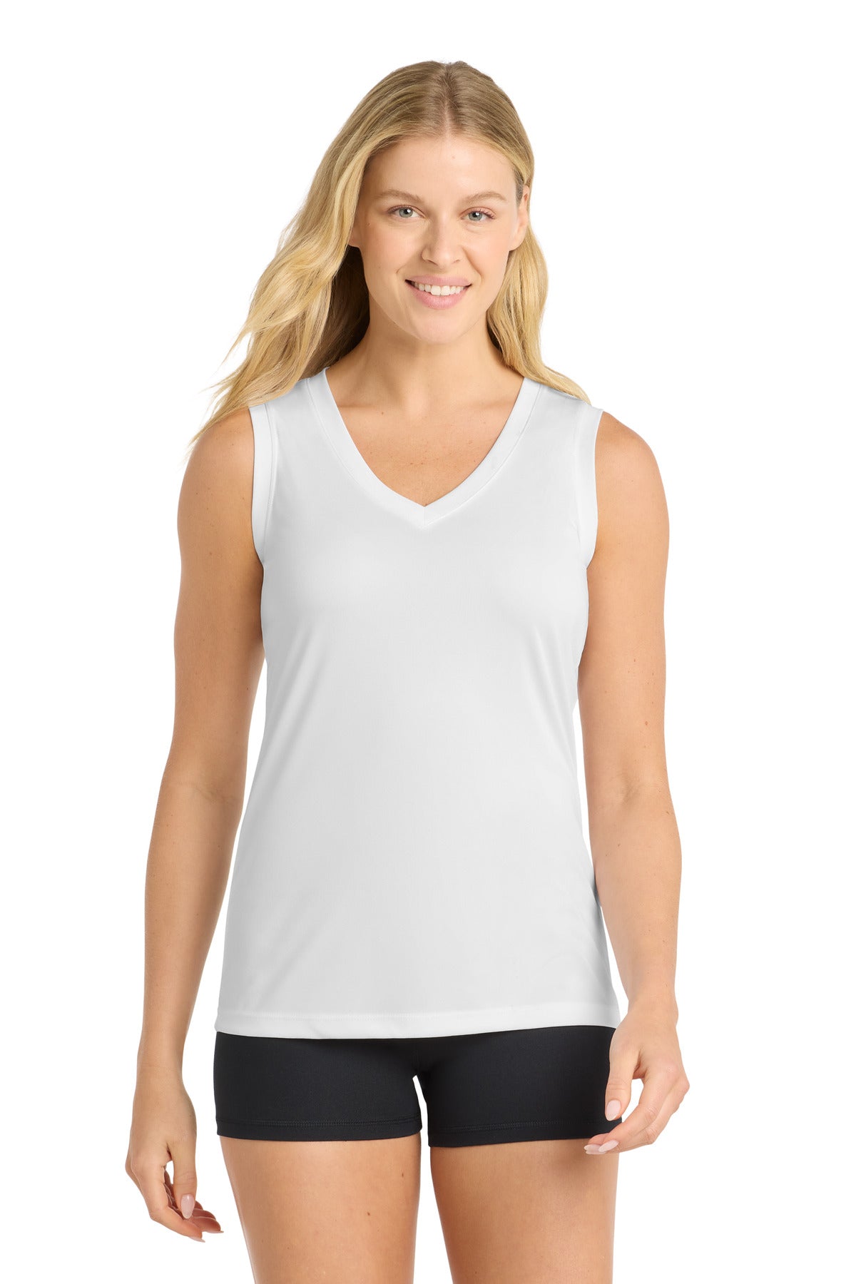Custom logo Sport-Tek® Women's Sleeveless PosiCharge® Competitor™ V-Neck Tee. LST352 in White